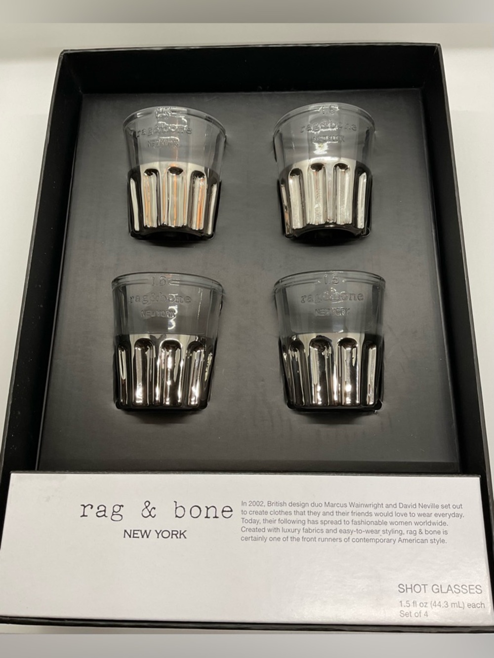 RAG AND BONE SHOT GLASSES (Set of 4) collab for Target/Neiman Marcus Metal/Glass